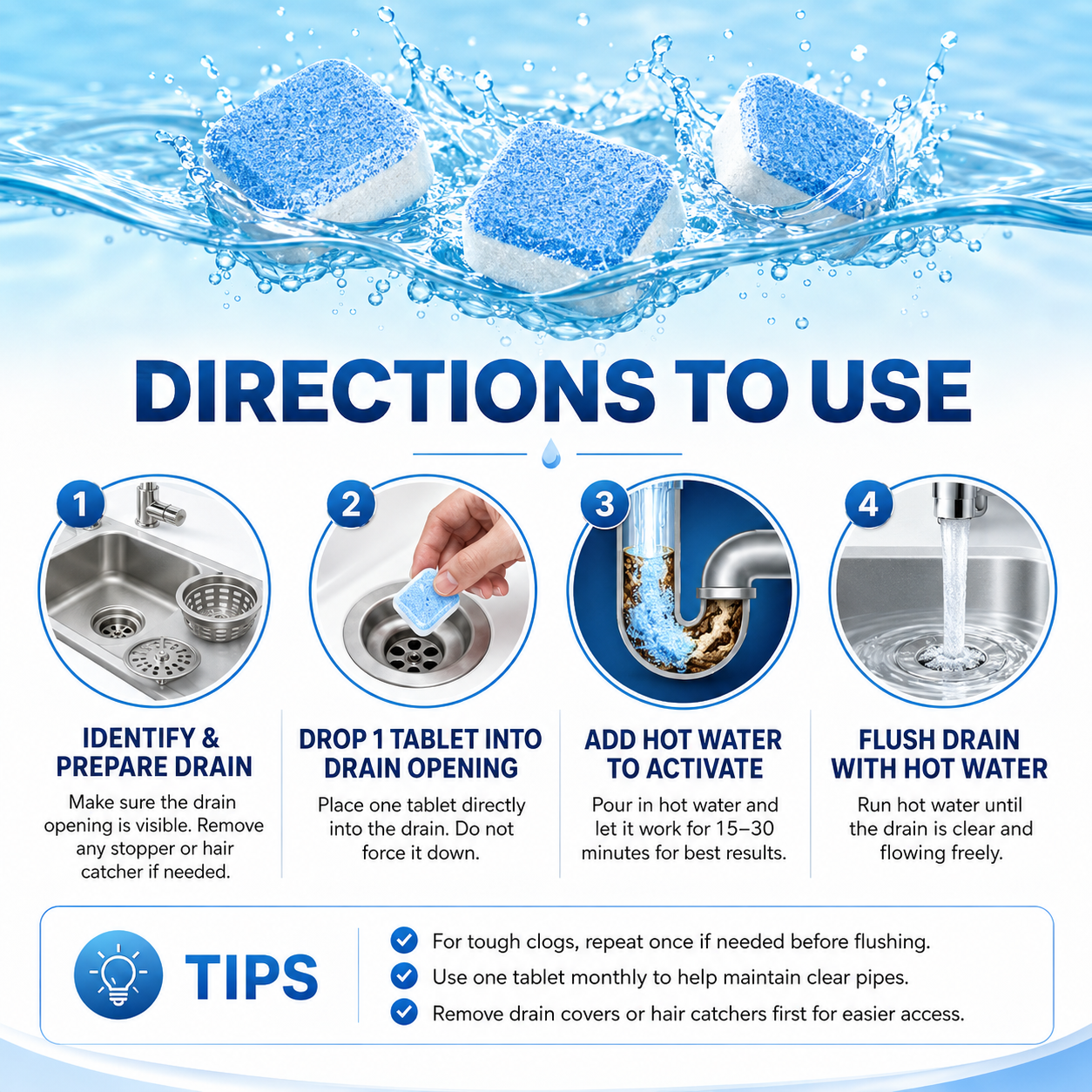 💥12 Drain Cleaning Tablets – Tackle Clogs in Sinks, Showers & Washers