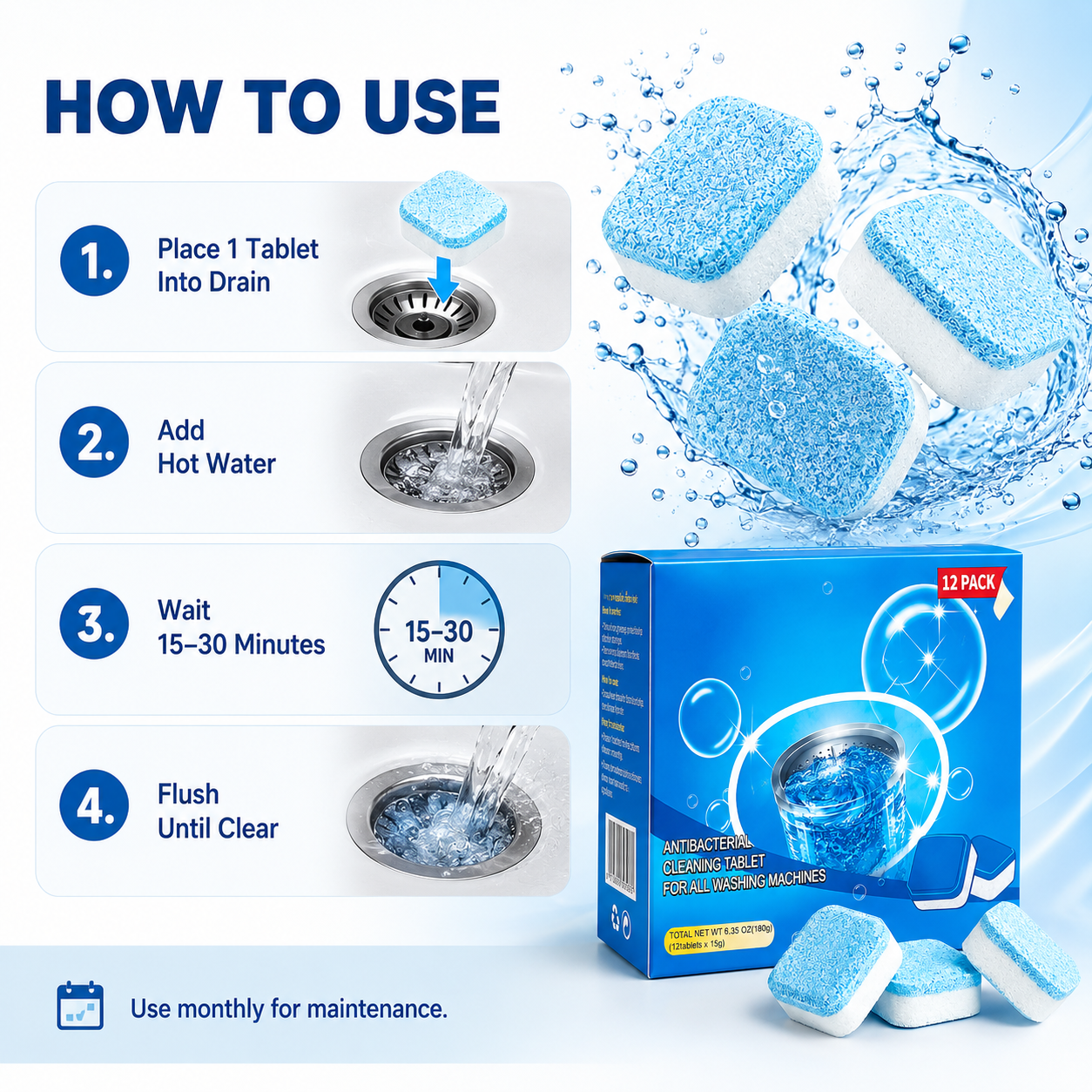 💥12 Drain Cleaning Tablets – Tackle Clogs in Sinks, Showers & Washers