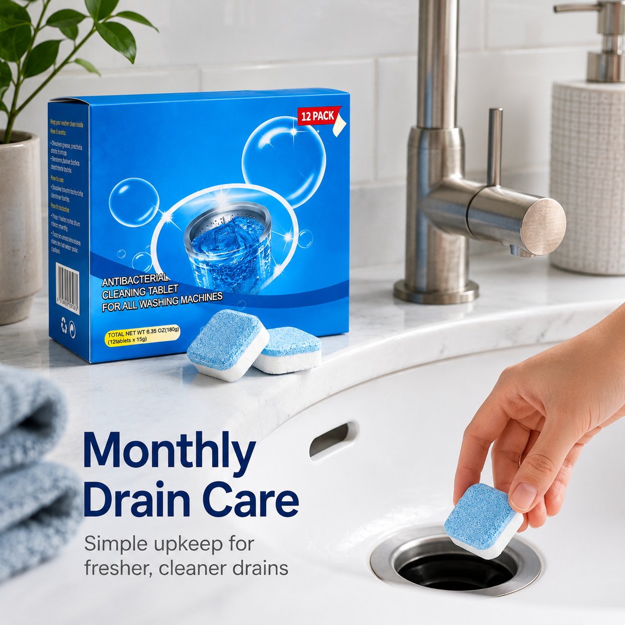 💥12 Drain Cleaning Tablets – Tackle Clogs in Sinks, Showers & Washers