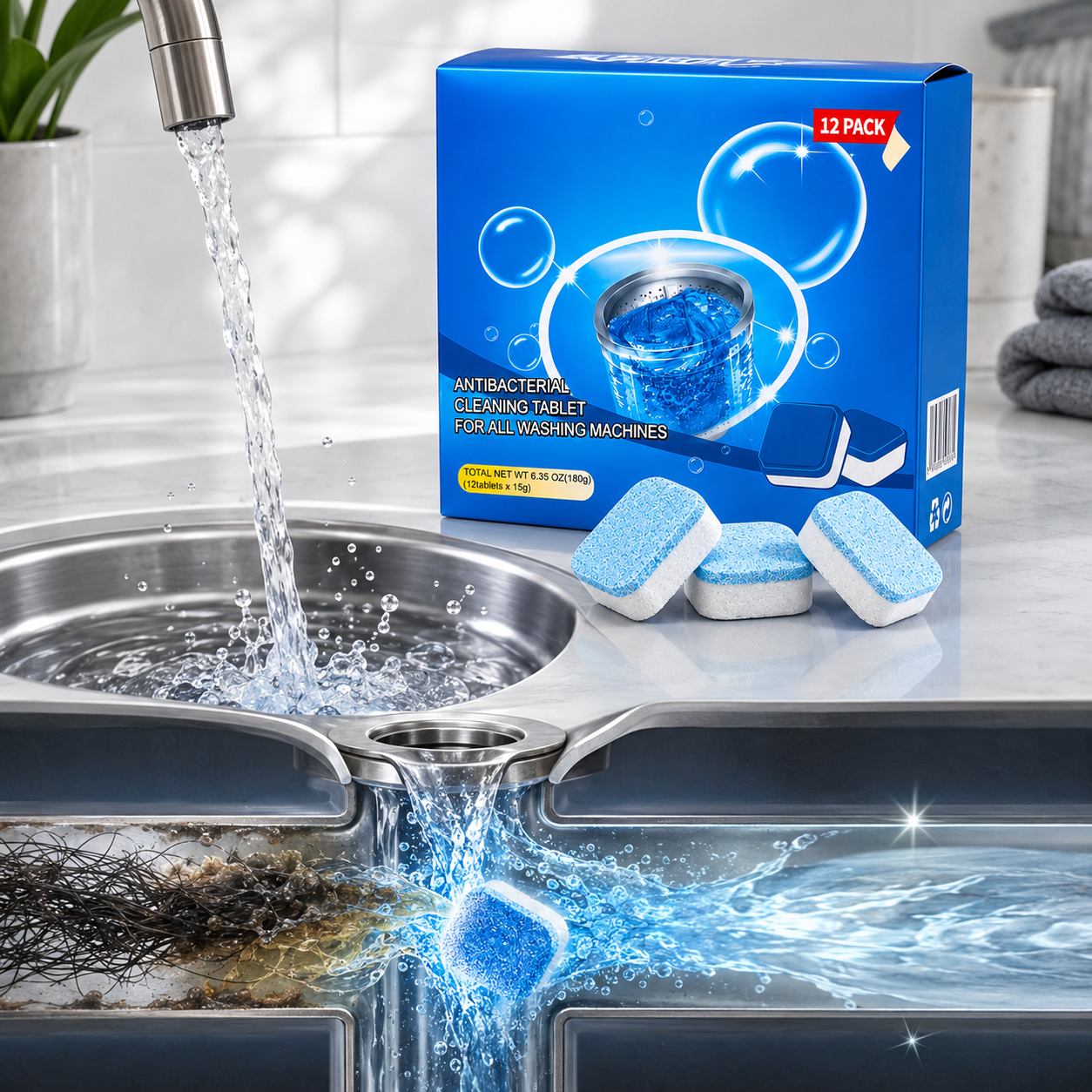 💥12 Drain Cleaning Tablets – Tackle Clogs in Sinks, Showers & Washers